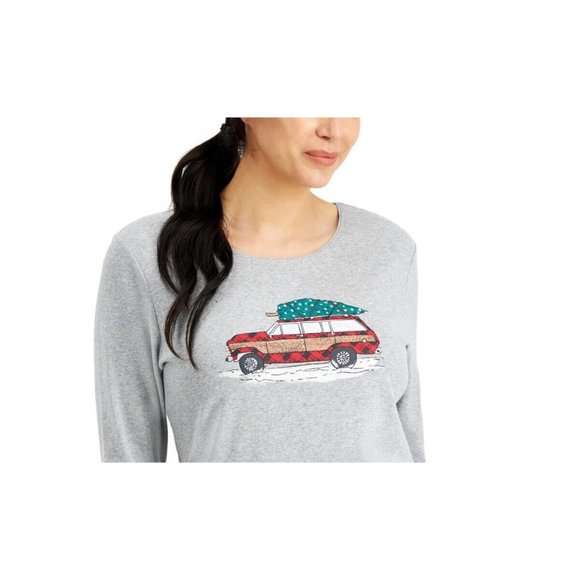 Karen Scott Women's Size S Road Trip Christmas Tree Holiday Top, Gray MLT4675AFA - Picture 2 of 3